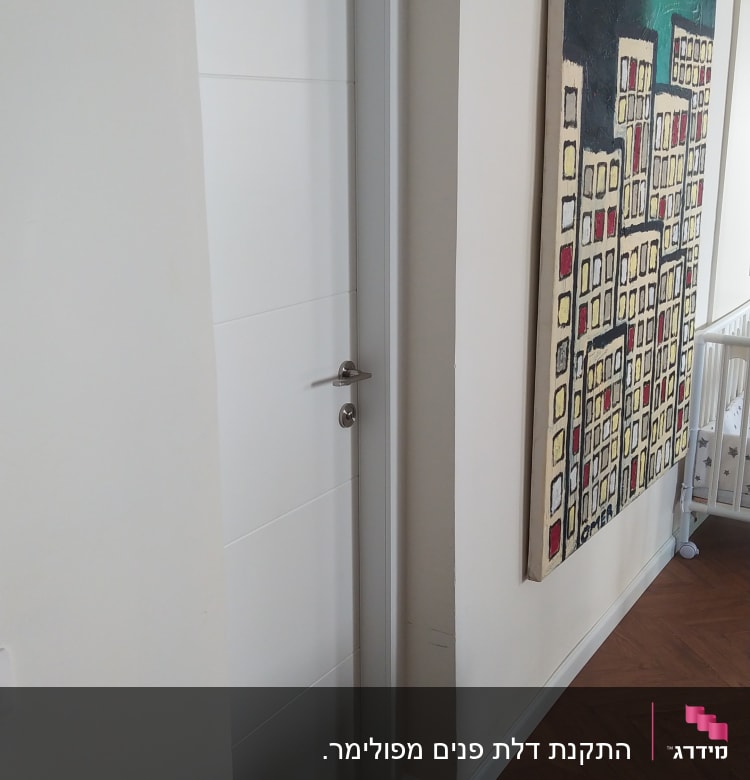 דלת לבנה עם ידית מתכת כסופה